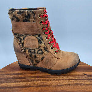 Sorel Lexie Boots Women's 5 Brown Leather Leopard Print Hidden Wedge Lace Up